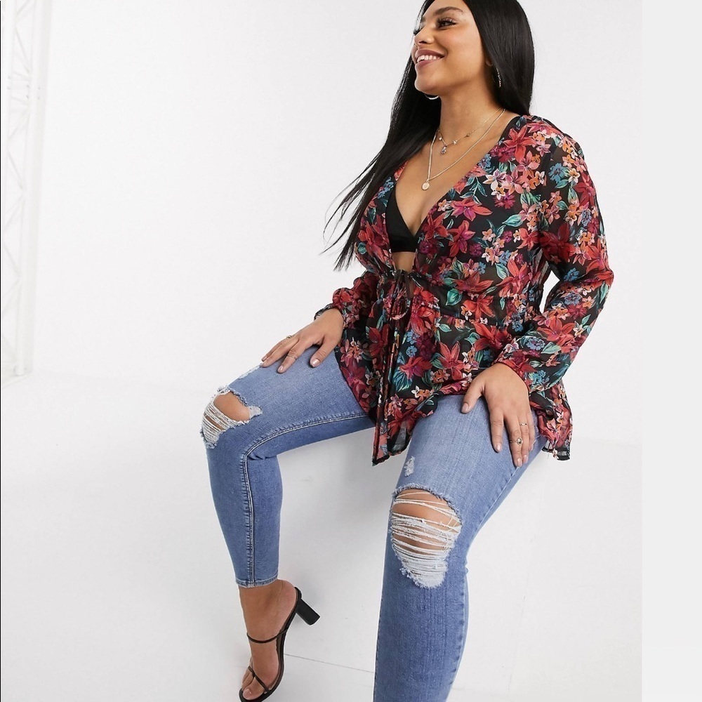 Asos Curve Simplybe tie front kimono blouse floral print US14 - Picture 2 of 9